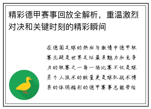 精彩德甲赛事回放全解析，重温激烈对决和关键时刻的精彩瞬间