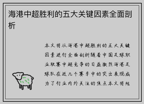 海港中超胜利的五大关键因素全面剖析